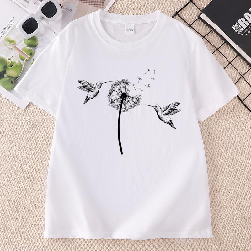 Cute Dandelion Hummingbird TShirt Unisex Ladies Nature Lovers Tee Casual Cotton Short Sleeve Animal Lover Tshirts Clothes