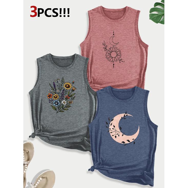 Dog Lover Paw Print Combination Gift Printed Pattern Round Neck3Pack of Sleeveless Vests for Women In Spring, Summer, and Autumn