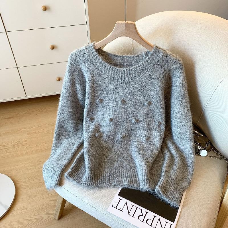 

Женский пуловер с круглым вырезом, мягкий на ощупь, осенне-зимний, утолщенный, нишевый, шикарный топ one size fits all серый