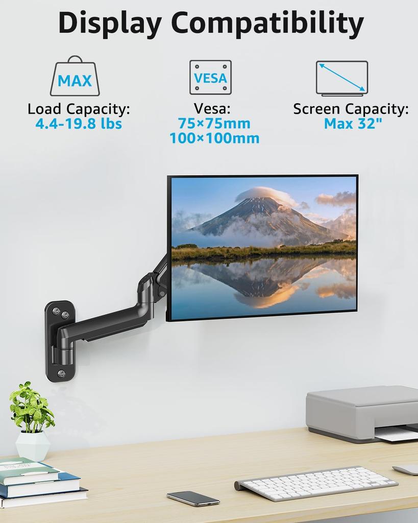 MOUNTUP PC Monitor Wall LCD Display Gas Compatible with Load Capacity Arm VESA75mm Vertical and Horizontal Angle Adjustment Arm, Mounted, Arm, Spring,