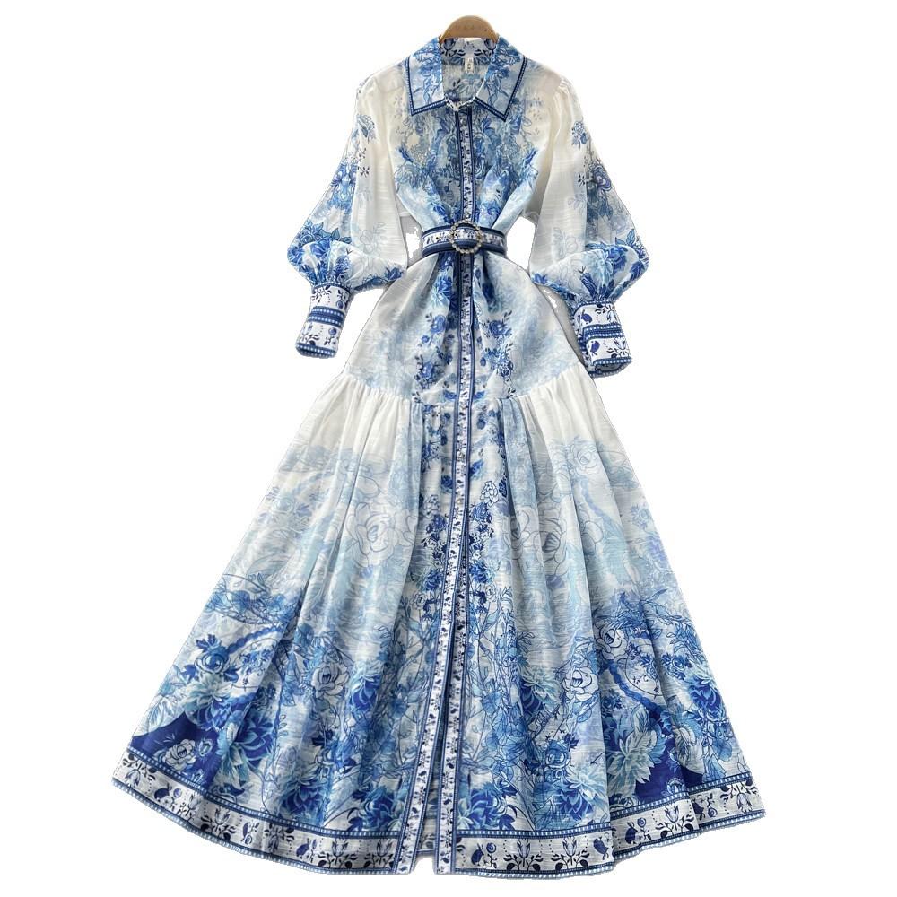 Retro Court Style Blue and White Porcelain Printed Dress for Women's Spring Long Sleeves, Waist and Thin A-shaped Long Dress, Elegant Temperament