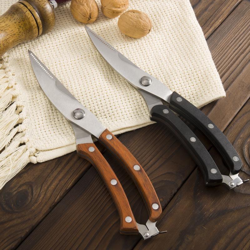 Sharp Chicken Bone Scissors Stainless Steel Multifunctional Kitchen Scissors Wooden Handle Fish Killing Scissors