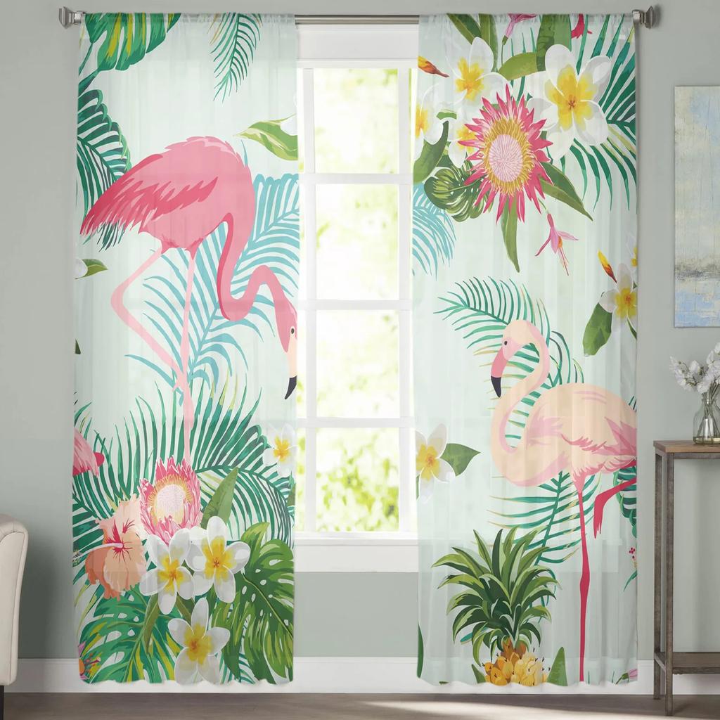 Flamingo Tropical Plant Flower Tulle Curtains Living Room Bedroom Kitchen Window Treatment Chiffon Curtain Blinds Light Filtering Polyester Great