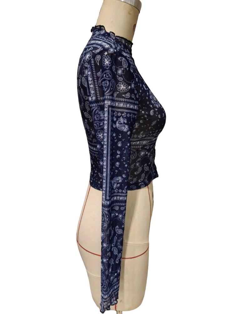 Άνοιξη και Καλοκαίρι Κομψό Γυναικείο Διχτυωτό Μπλουζάκι με Στάμπα Όρθιος Γιακάς Μακρυμάνικο Κοντό Μήκος Τοπ για Γυναίκες Ευέλικτο Μοντέρνο Πουκάμισο