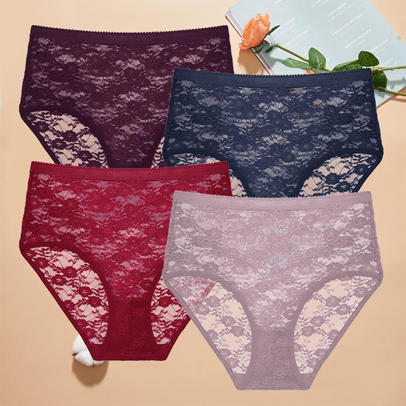 4 Stück Damen Spitzen-Slips Hohe Taille Sexy Unterwäsche Transparent Damen Unterhosen Enganliegend Übergröße Slips S-XXL