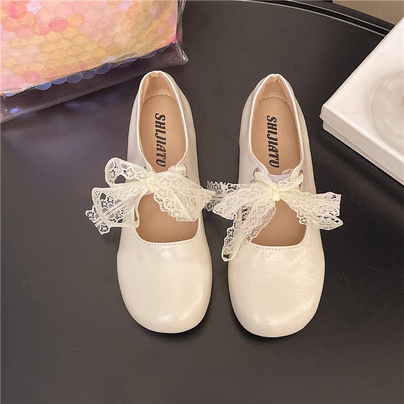 French lace shoelaces single shoes women's outer wear 2025 autumn new flat lace bow Mary Jane single shoes