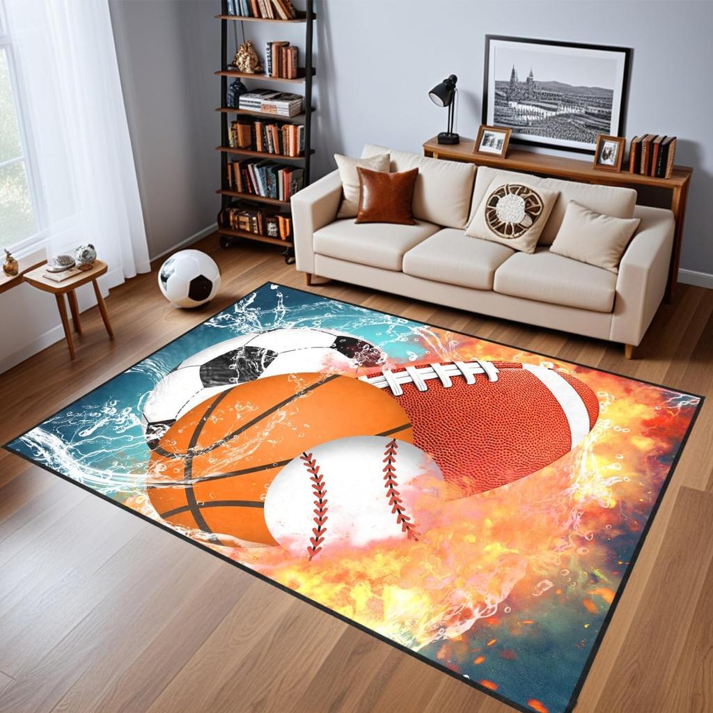 Basketball Rug for Boys Bedroom Kids Football Carpet Water Fire Sports Rugs for Boys Bedroom Baseball, Soccer Rug for Playroom