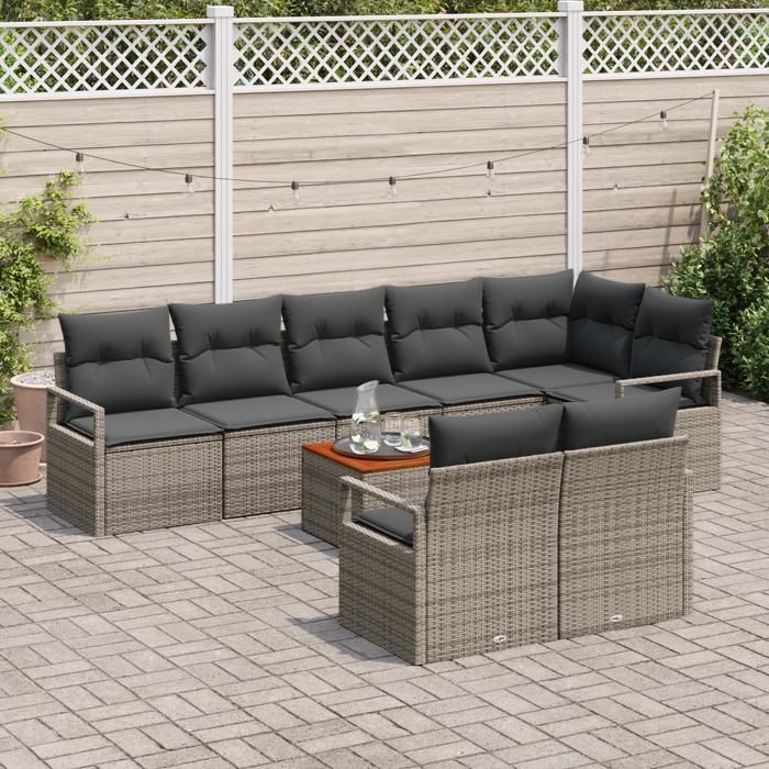 Ensemble canapé de jardin de 9 pièces avec coussins gris poly rattan acacia, canapé de jardin de 2 places avec coussins gris 3347720