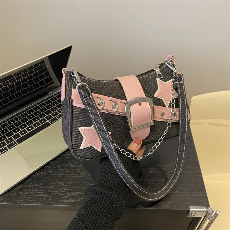 Fashi Women's Handbags Denim Stars Pattern Cool Girls Underarm Bag Female Small Shoulder Hobo Bags Chain Tote Bag