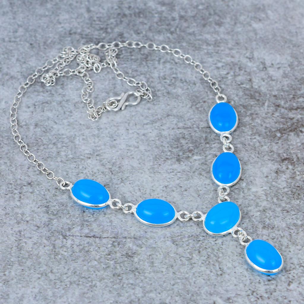 Aqua Chalcedony Gemstone Handmade 925 Sterling Silver Jewelry Necklace 18" M-357
