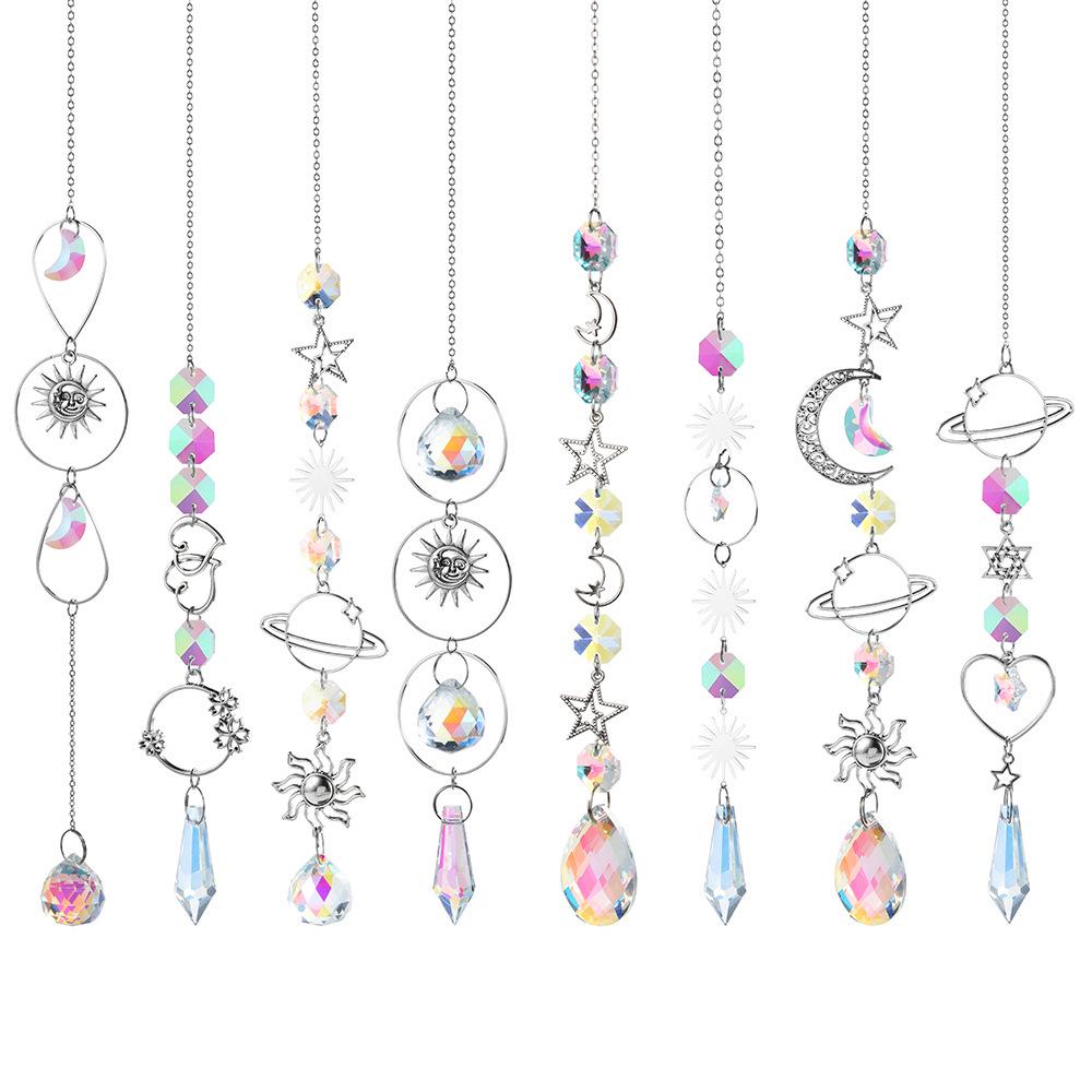 TikTok-Inspired Silver Crystal Wind Chimes with Stars, Moon, and Sun Catcher