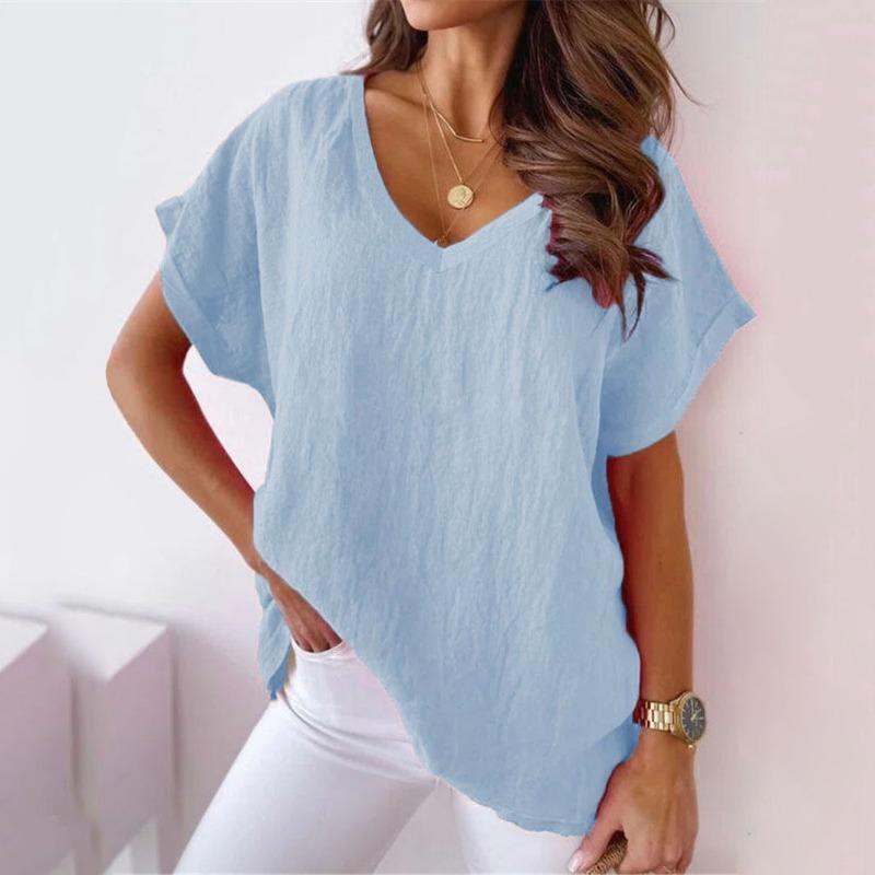 Summer New Short Sleeved V-neck Women T-shirt Solid Color Fashion Elegant Casual Office Blouse Plus Size Basic Loose Simple Tops Women's Clothing