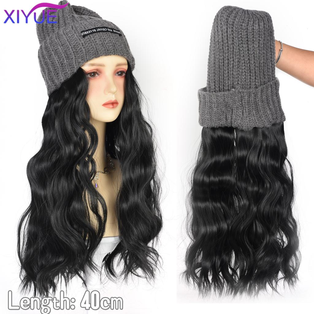 XIYUE Long Synthetic Straight Dark Brown Wigs with Hat Cap Adjustable Hair Wig with Hats for Ladies and Girls Daily Winter Wear