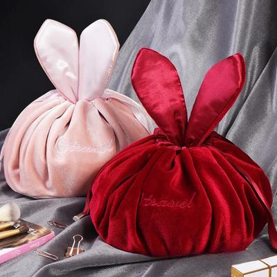 Beauty Case Rotondo in Velluto Morbido Borsa per Trucco con Coulisse Orecchie da Coniglio da Viaggio Organizzatore per Trucco Femminile Portaoggetti da Toilette Bellezza per Regalo