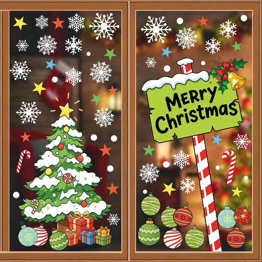 2Pcs 30X60cm PVC Christmas Window Cling Stickers, Snowflake, Christmas Tree and Ornament Decals for Glass Windows