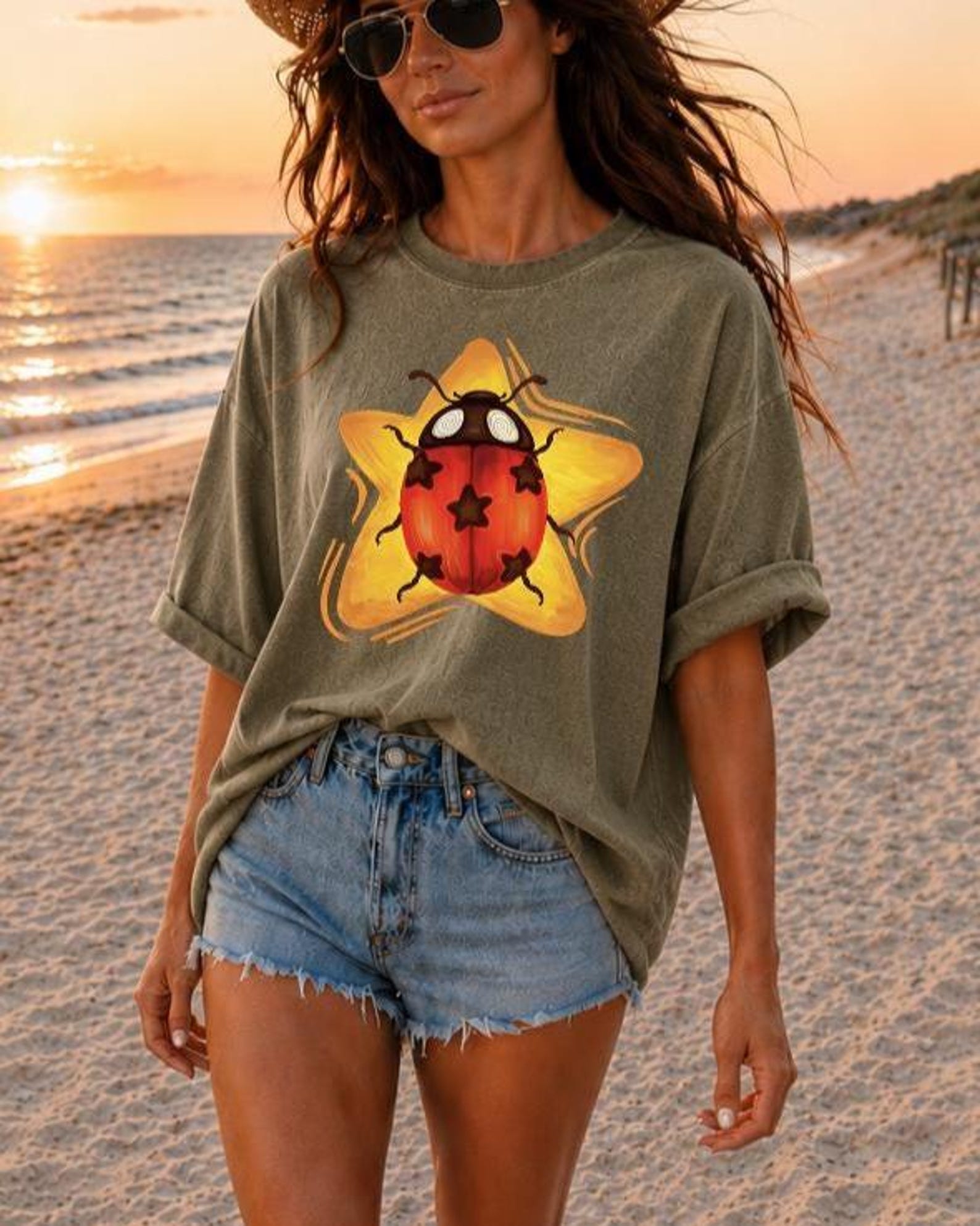 Comfort Colors Ladybug Shirt, Retro Psychedelic Bug Tee, Cute Star Ladybug Graphic Tee, Whimsical Insect Shirt, Cottagecore Gift Shirt 3XL