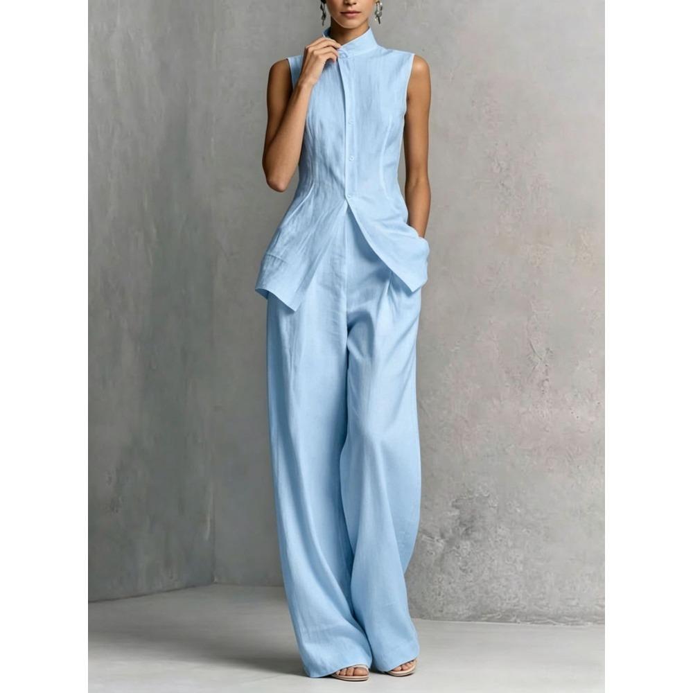 Europe, America, drape cotton and linen shirt solid color fashion temperament sleeveless trousers suit