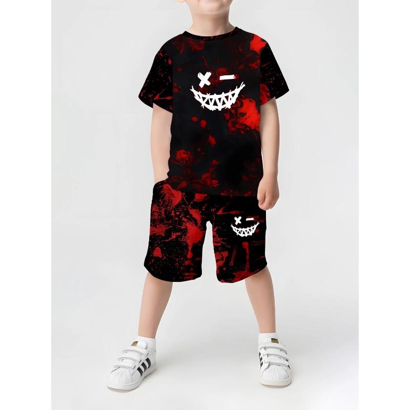 2025 Summer New Children's Set Girls' Summer Set Short Sleeve T-shirt Boys' Shorts 3D Crown Printed Casual Round Neck Children's