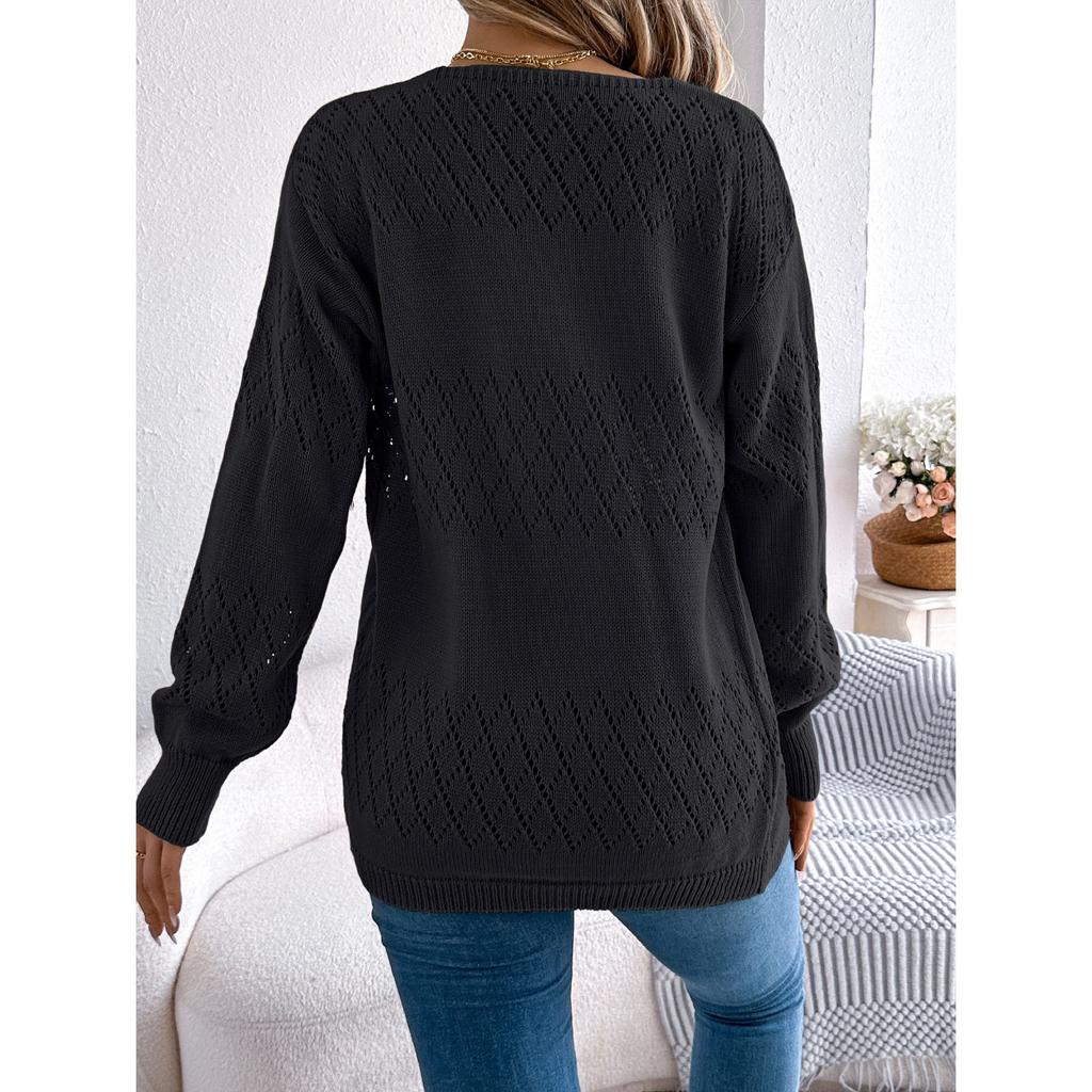 QICED Autumn and Winter Casual Solid Color Hollowed-out Lantern Long-sleeved Cardigan Sweater Mid-length Coat