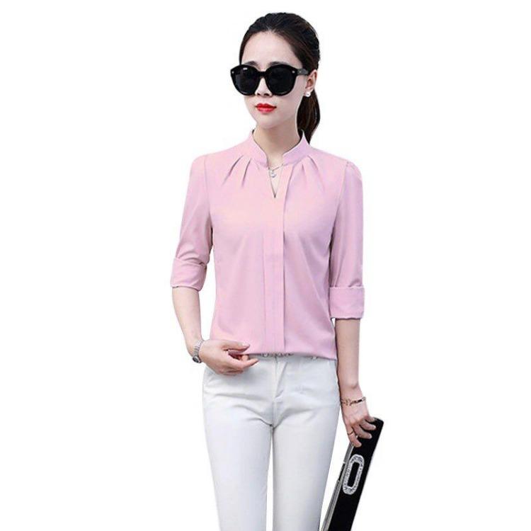 Elegant Sexy Women's White Chiffon Blouse Long Sleeve V Neck Office Shirt Summer Female Top