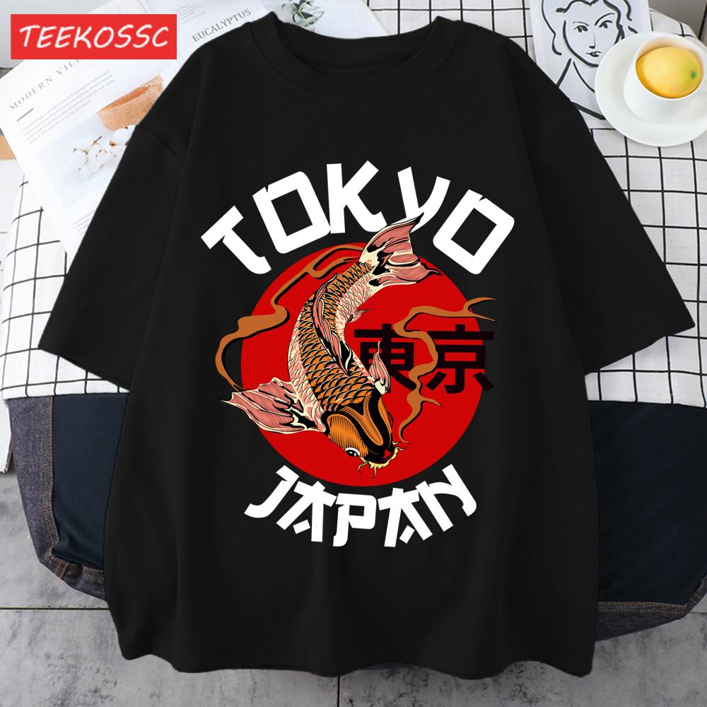 Harajuku Tokyo Japan Koi Fish Print Men T Shirts Hip Hop ONeck TShirt Soft Cotton Male Sportswear Casual Comfortable Clothes