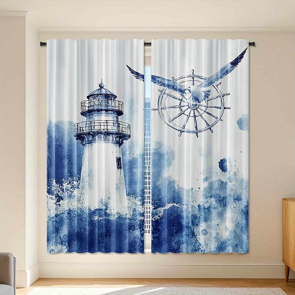 2pcs, Nautical Lighthouse Kitchen Backdrop Curtains, Watercolor Painting of Gull, Anchor, and Lighthouse, Window Backdrop Curtai 60×150cm