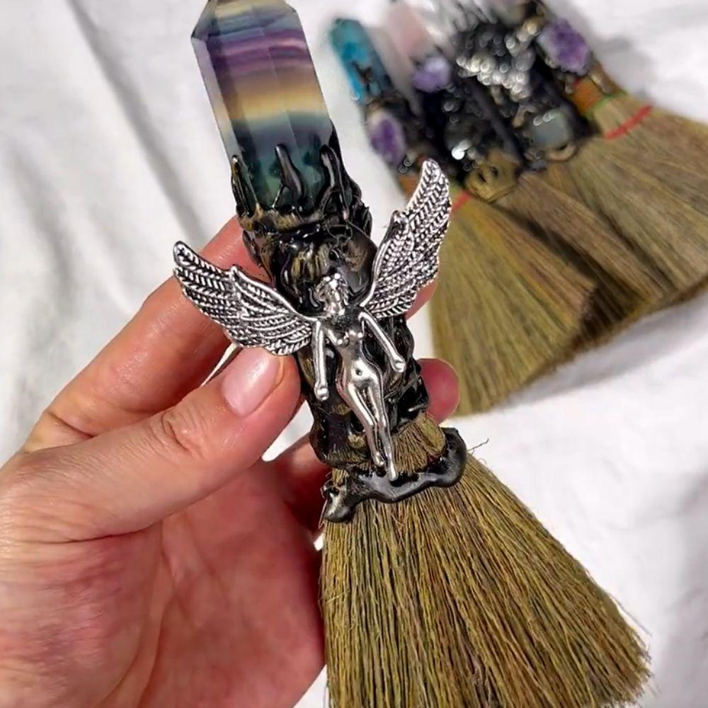Charm Natural Crystal Column Point Stone Broom Handmade Mini Witch Broom Ornaments Rough Stone Broom Craft Desktop