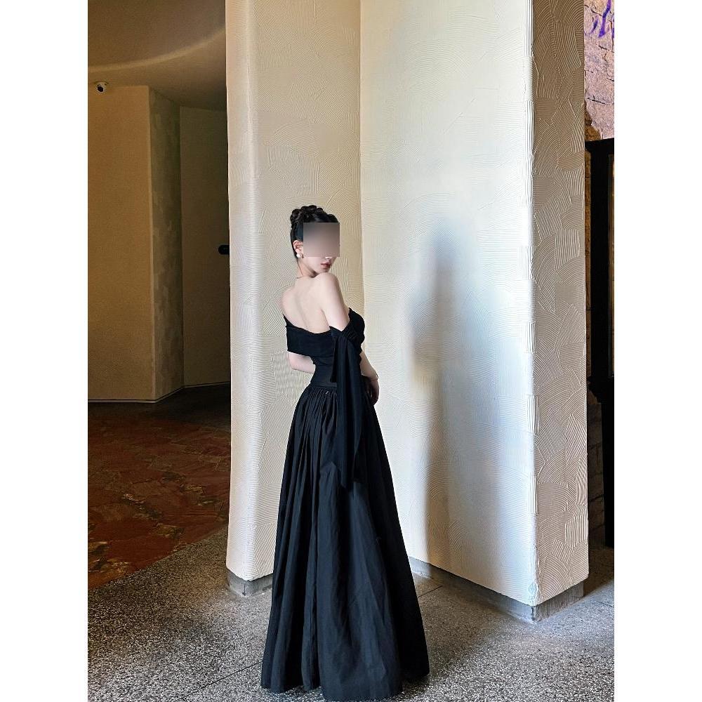 

Французский стиль Хепберн, черное платье с лентой на одно плечо, женская высококлассная юбка большого клеша, темпераментное платье миди с акцентом на талии XL- (recommended 110-60kg)