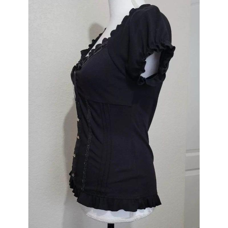 Vintage Black Fashion Bow Sweet Blouse Women Short Sleeve Square Neck Slim Chic Tops New Elegant Casual Y2K Retro Outfits 2025