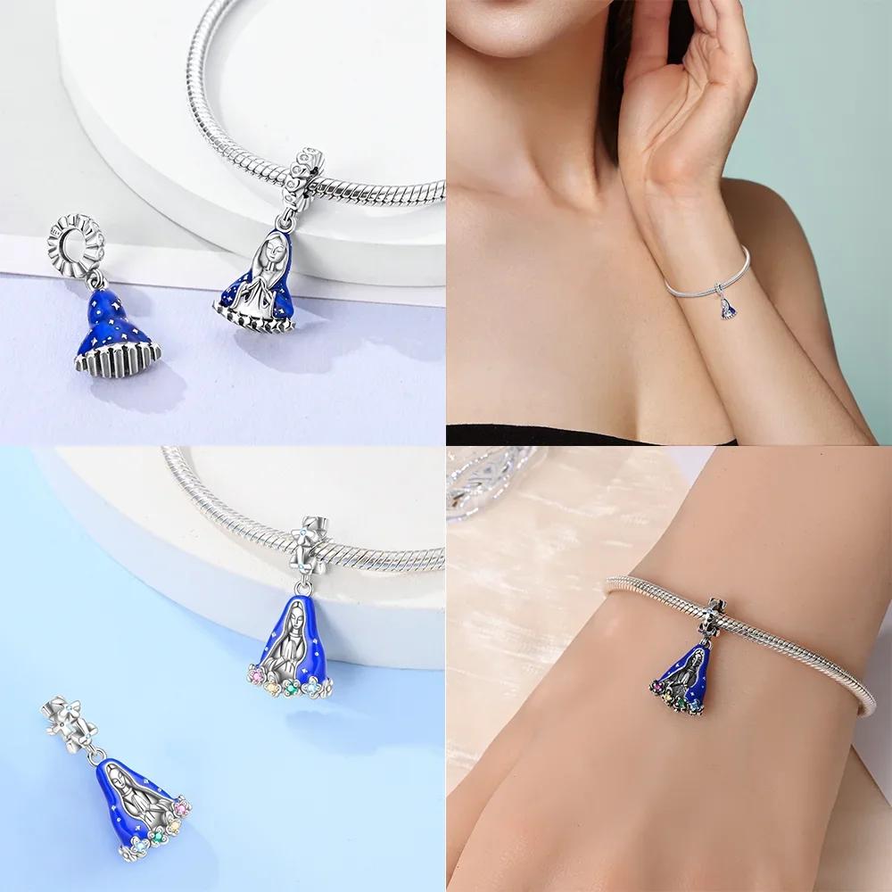 Authentic Blue Doll Girl Pendant Angel Religious Cross Bead Charms Compatible With Bracelets Copper Women Diy Fine Gift Necklaces Accessory Set
