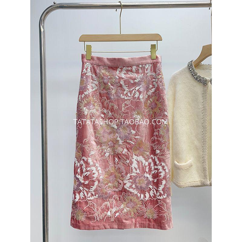 

Модная юбка H-типа из хлопковой шерсти с масляной живописью и вышивкой пайетками Pink S