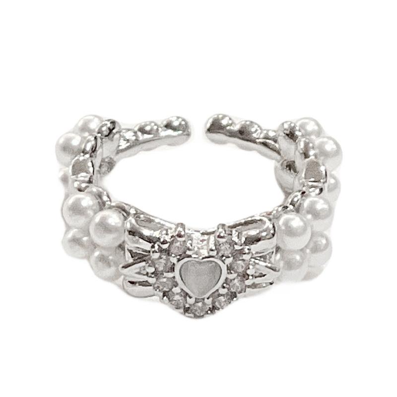 Pink Zircon Niche Design Sweet Pearl Bow Open Ring Women'S High-End Fashion Jewelry