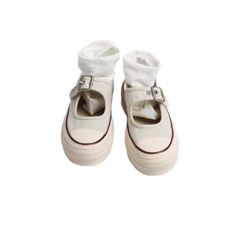 Thick-soled Retro Light-mouth Mary Jane Canvas Shoes, New Lazy One-word Buckle Versatile Casual Women's Shoes