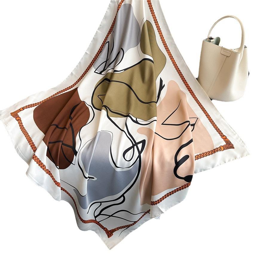 Simple Color Block Print Silk Scarf 90Cm Twill Scarf Versatile Square Scarf Sunscreen Shawl Headscarf Women