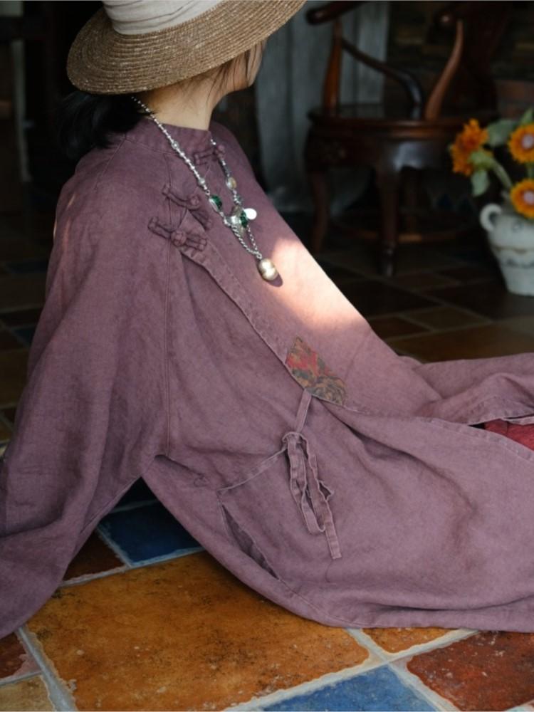 Johnature Women Chinese Style Linen Trench Solid Color Stand Long Sleeve Solid Color Coats Button Belt Women Trench