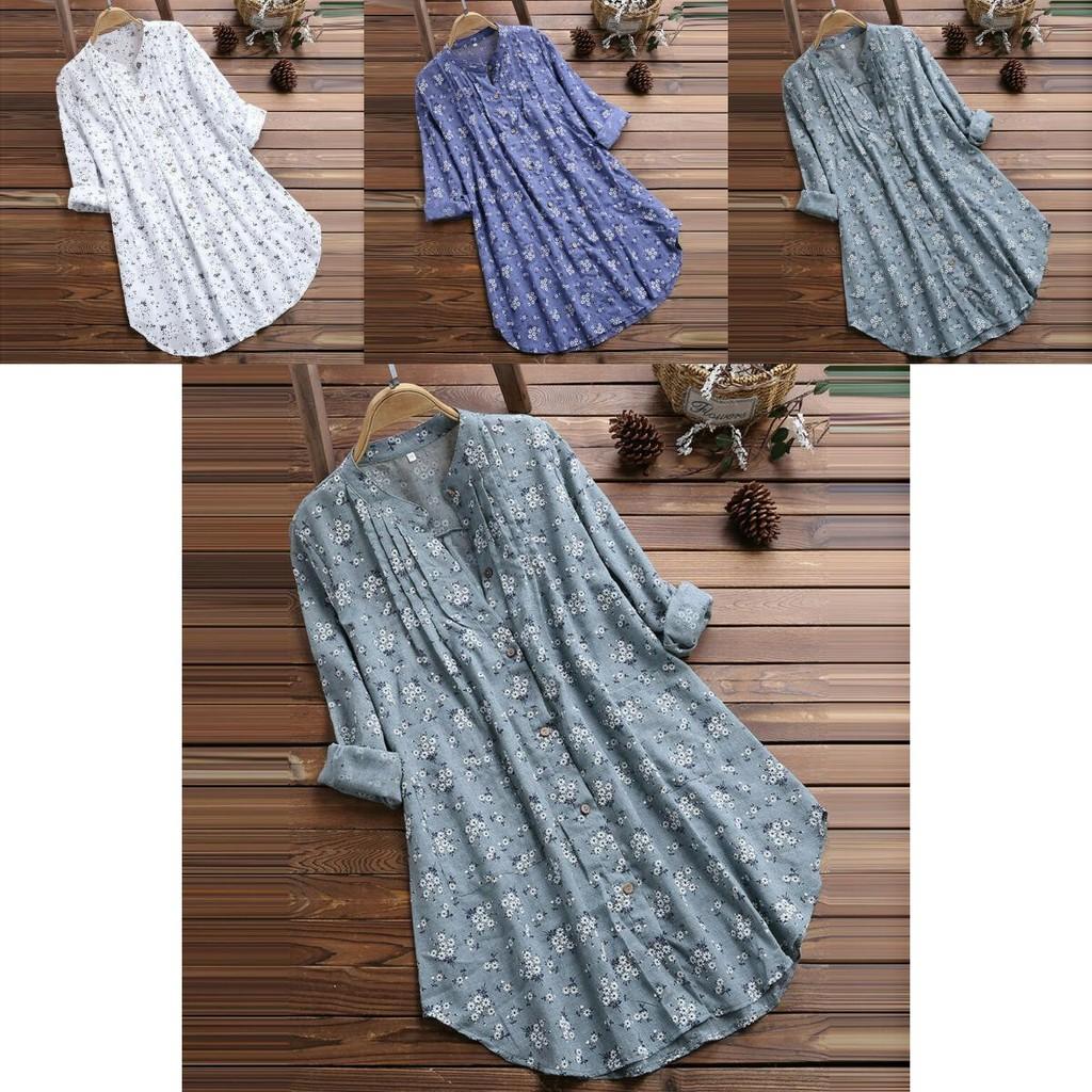 Elegant Women V-neck Long Sleeve Flower Print Linen Shirt Ladies Casual Loose Blouse Top