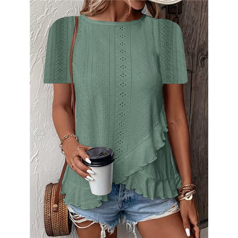 Women's Casual Hollow Out Ruffle Hem T-Shirt - Short Sleeve Round Neck Solid Color Top