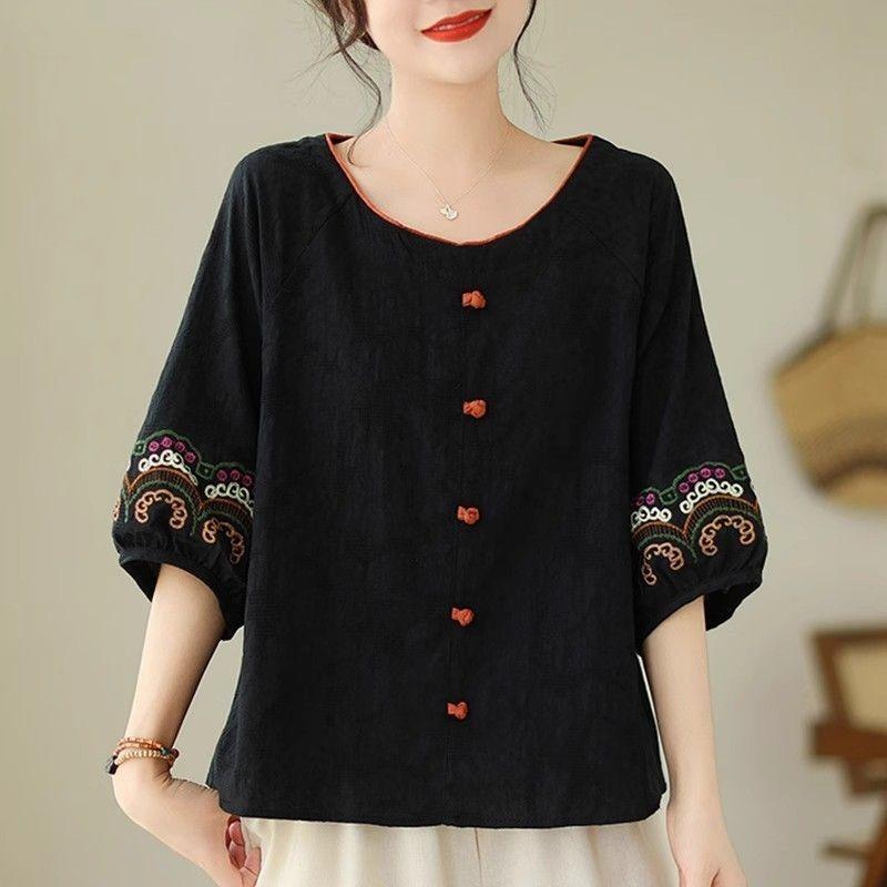 Chinese Style Retro Cotton Shirt Chinese Round Neck Buttoned Mid-sleeve Top Embroidered Tea Dress Summer Mother s Style Women s Clothing M чёрный