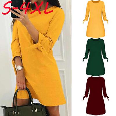 Women Fashion  Solid Bow Elegant Straigth Dress Spring Loose Mini Dresses