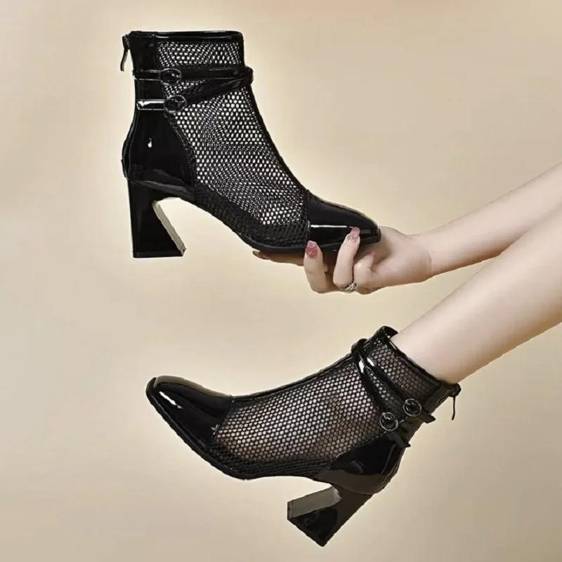 2026 Summer Fashion Women's Hollow-out Mesh Short Boots - Patent Leather Pointed Toe Chunky Heel Breathable Shoes