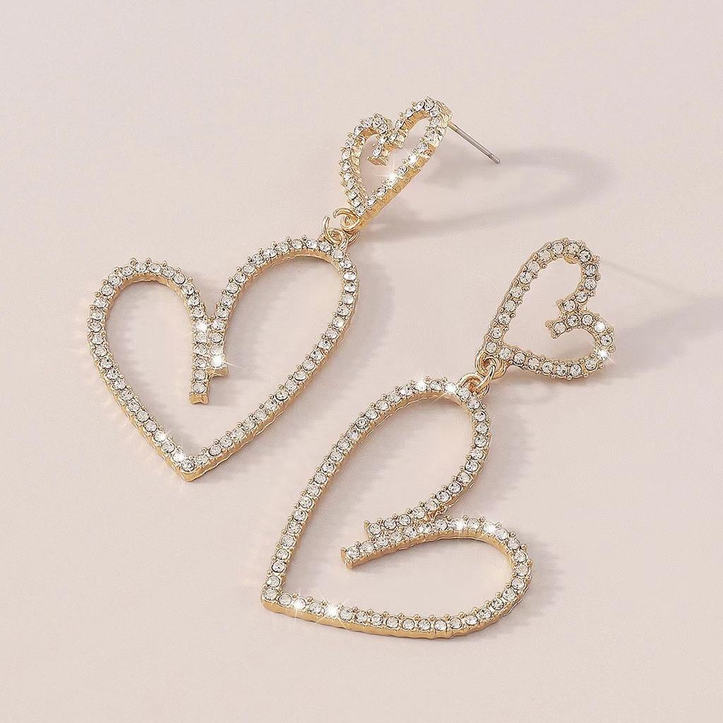 Double-layer Hollow Love Rhinestone Earrings, Silver Light Luxury Diamond-set Long Earrings, Women's Party Dating Trend Earrings