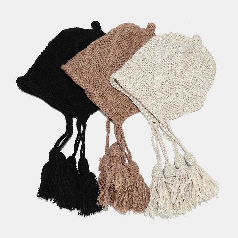Japanese Flat Knitted Earflap Knit Cap Cute Student Style Winter Beanie Hat Common Travel