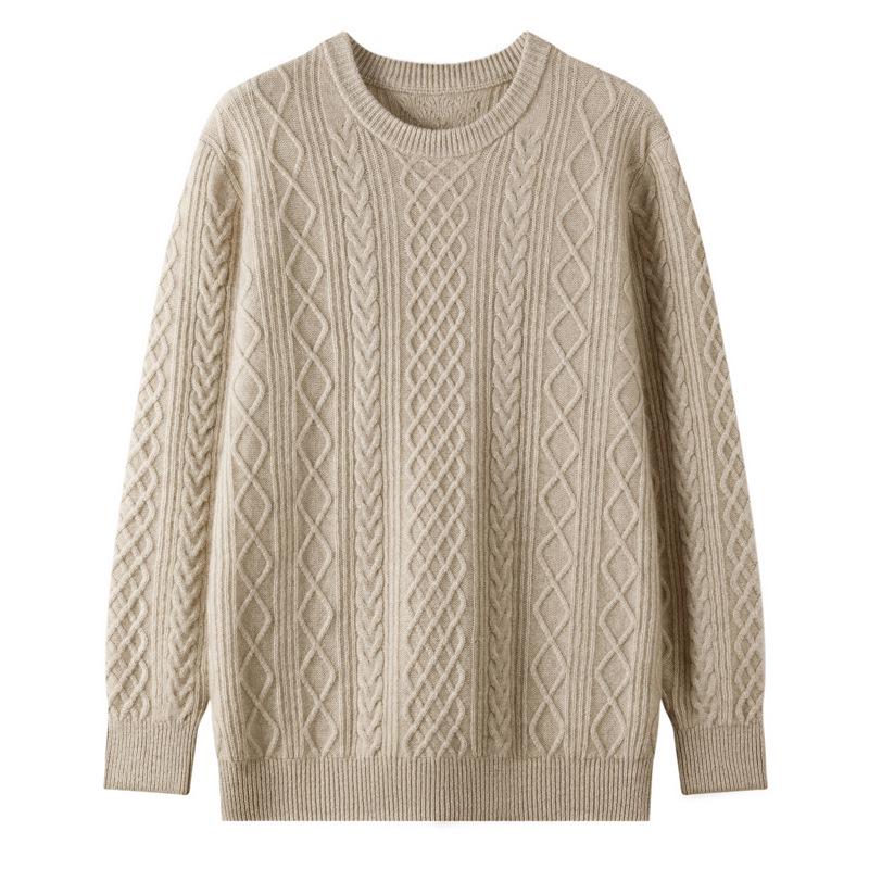 Men's Loose Round Neck Cable Knit Cashmere Sweater - Business Casual Jacquard Knitwear
