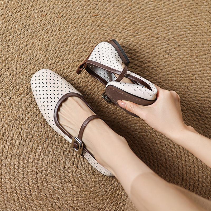 Fashion NEW Spring/Autumn Women Pumps Genuine Leather Shoes for Women Square Toe Low Heel Shoes Hollow-out Buckle Strap Mary Janes Shoes