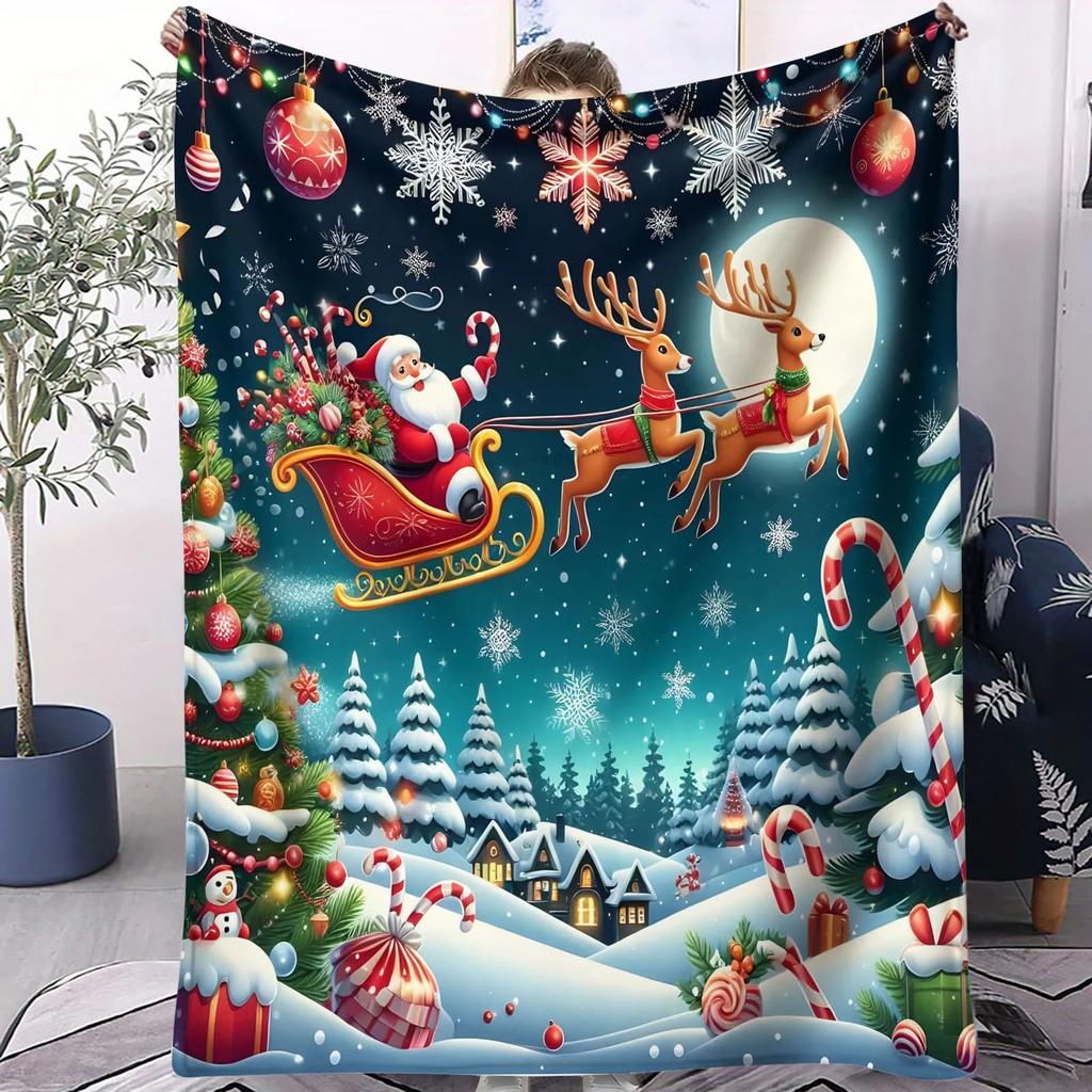Christmas Flannel Blanket with Santa Reindeer Penguin Print Cozy Throw for Sofa Bedroom Camping Perfect Gift for Kids Couples