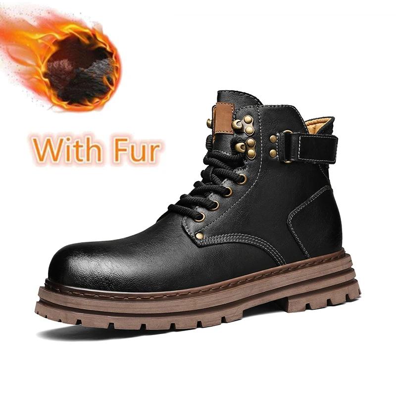 Fashion Classic Autumn Winter Warm Snow Boots Mens Thick Soles Non-slip Biker Boots Outdoor High Top Casual Shoes Handmade Leather Botas