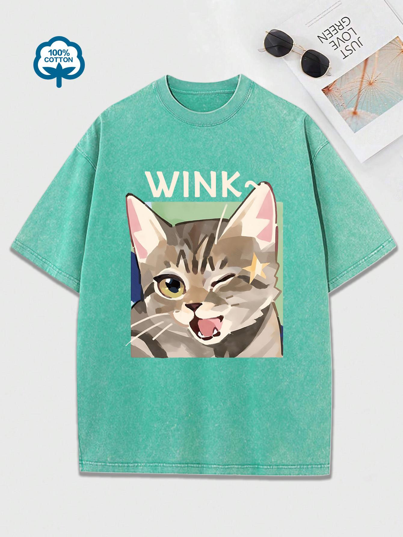 

Подмигивающий милый мультяшный кот Принты Женская выстиранная футболка Повседневные хлопковые футболки На каждый день Удобный топ Летняя футболка с коротким рукавом 4XL
