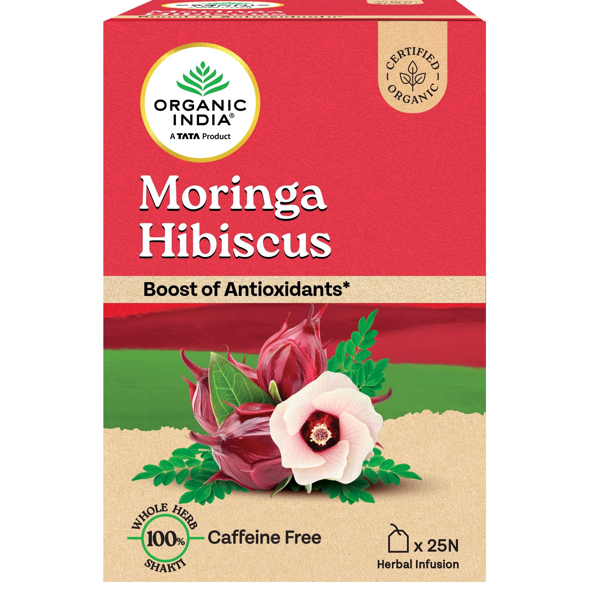 Продукт TATA - Травяной чай Organic India Моринга и Гибискус, 25 чайных пакетиков, Сертифицированный органический, Богат антиоксидантами, Без кофеина, Смесь цельных трав
