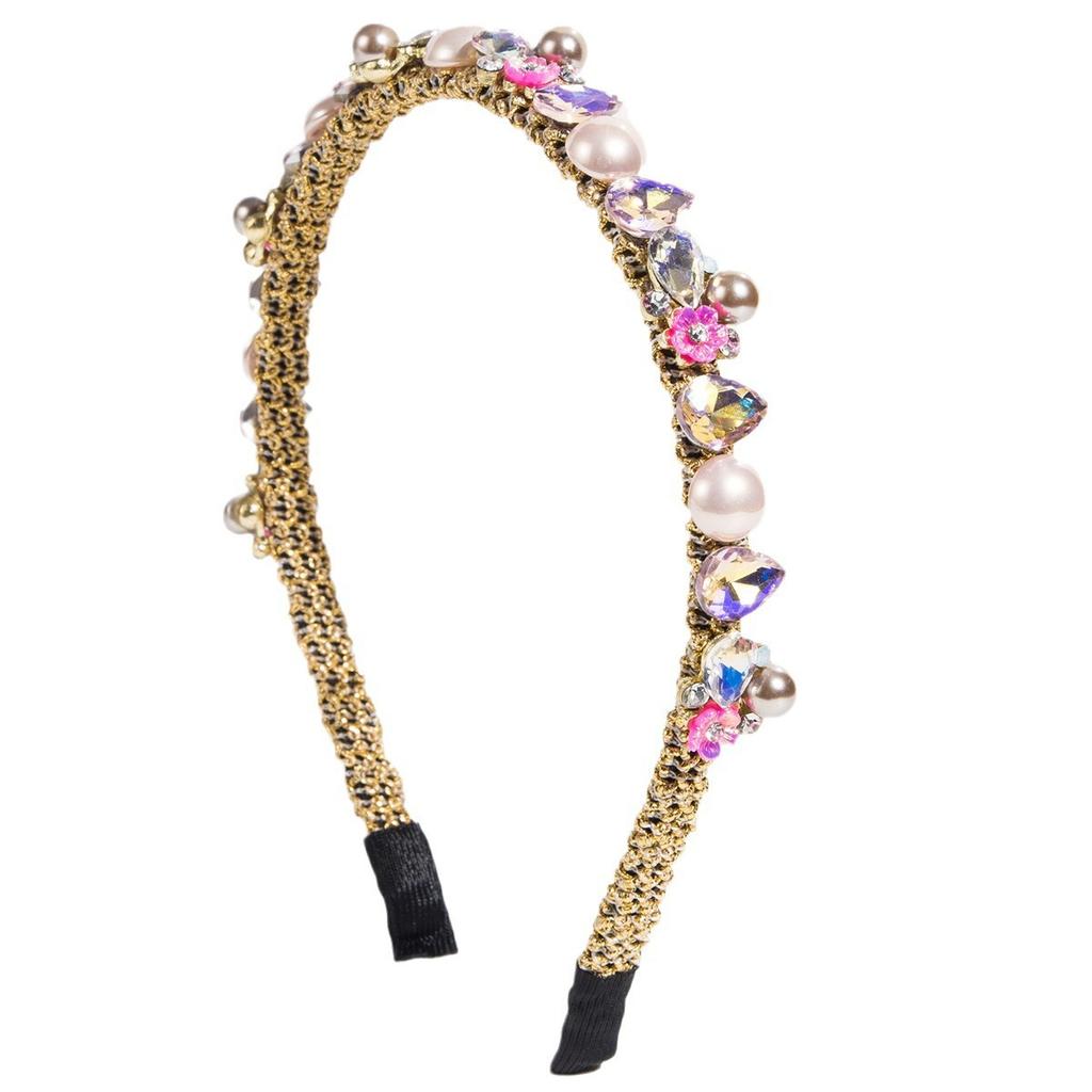 Luxury Woven Gold Thread Colorful Crystal Pearl Thin Headband Baroque Water Drop Gem Hair Hoop Wedding Banquet Hair Jewelry