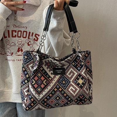 Women'S Canvas Shoulder Bags Eco Reusable Retro Ethnic Shopper Fashion Large Capacity Handbags Casual Simple Bag